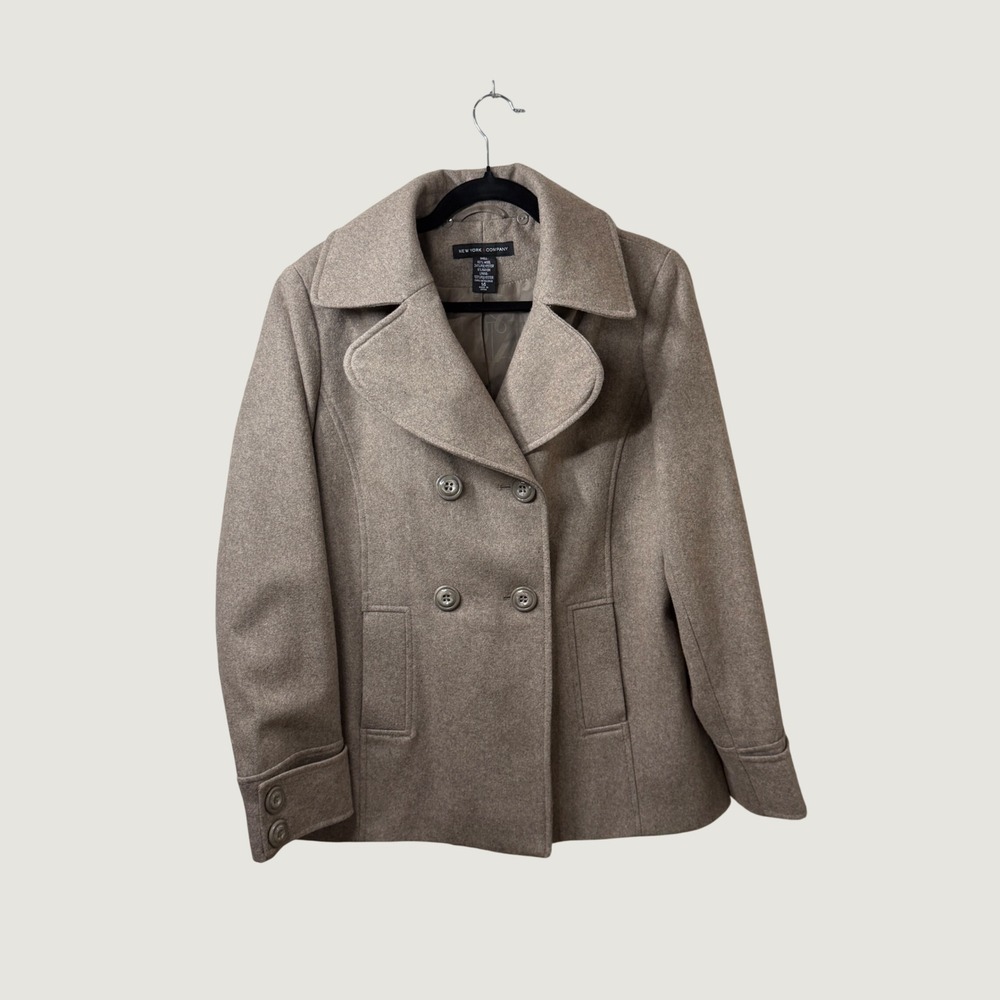 New York & Company Pea Coat Tan Wool Blend Size 14 Preppy Classic Fall Layering
